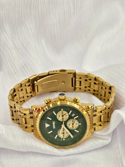 SKMEI Men’s Gold Chronograph Watch – Green Dial Stainless Steel