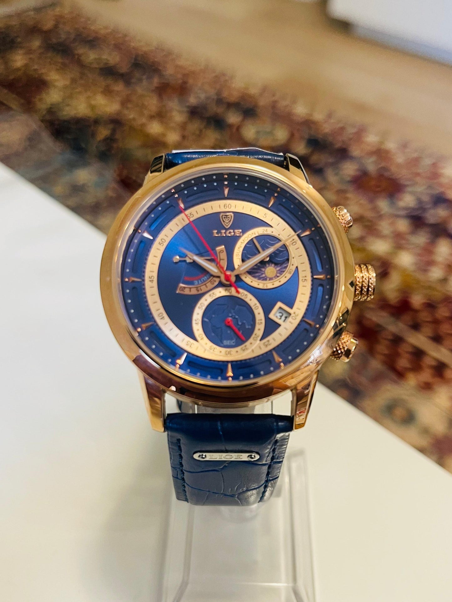 LIGE Blue &amp; Gold Chronograph Men’s Watch – Quartz Elegance with Leather Band