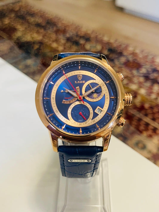 LIGE Blue &amp; Gold Chronograph Men’s Watch – Quartz Elegance with Leather Band