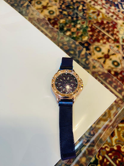 Elegant Women's Quartz Watch – Rose Gold & Purple Floral Dial