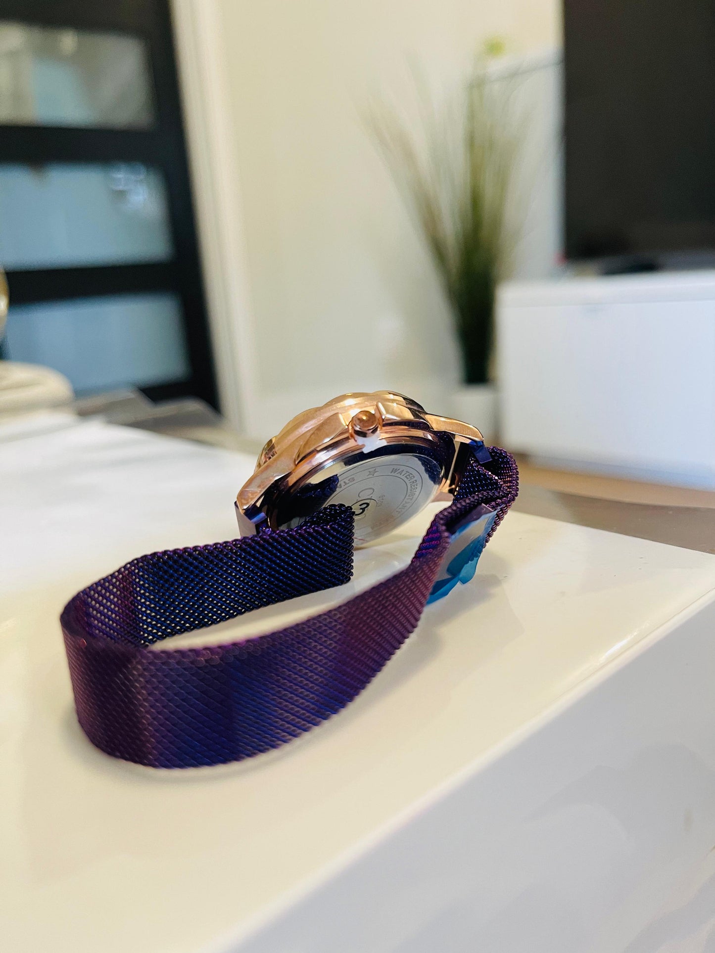 Elegant Women's Quartz Watch – Rose Gold & Purple Floral Dial