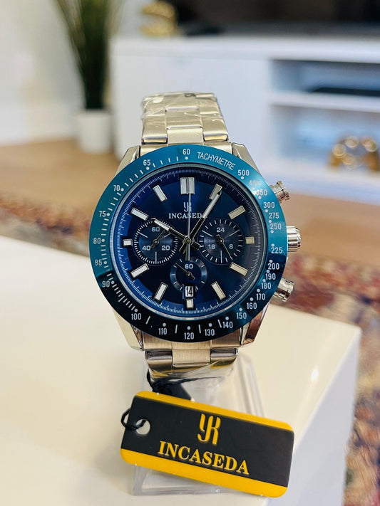 INCASEDA Men’s Sport Chronograph Quartz Watch – Blue Dial &amp; Tachymeter