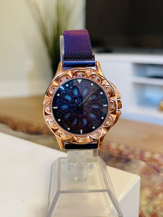 Elegant Women's Quartz Watch – Rose Gold & Purple Floral Dial
