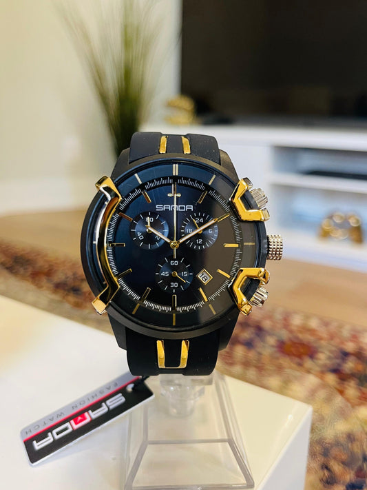 SANDA Black & Gold Chrono Quartz Watch for Men