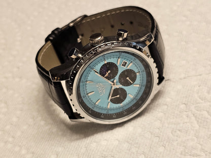 LIGE Chronograph Men’s Watch with Sky Blue Dial & Black Leather Strap